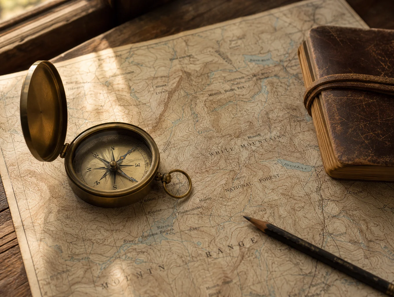 Topographic map and gear laid out for expedition