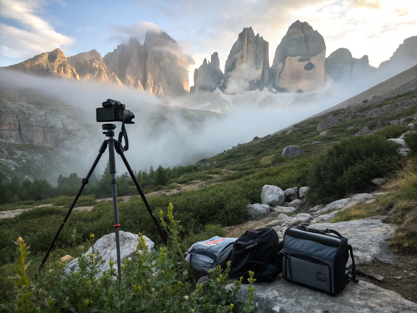 Camera on tripod facing a dramatic mountain range