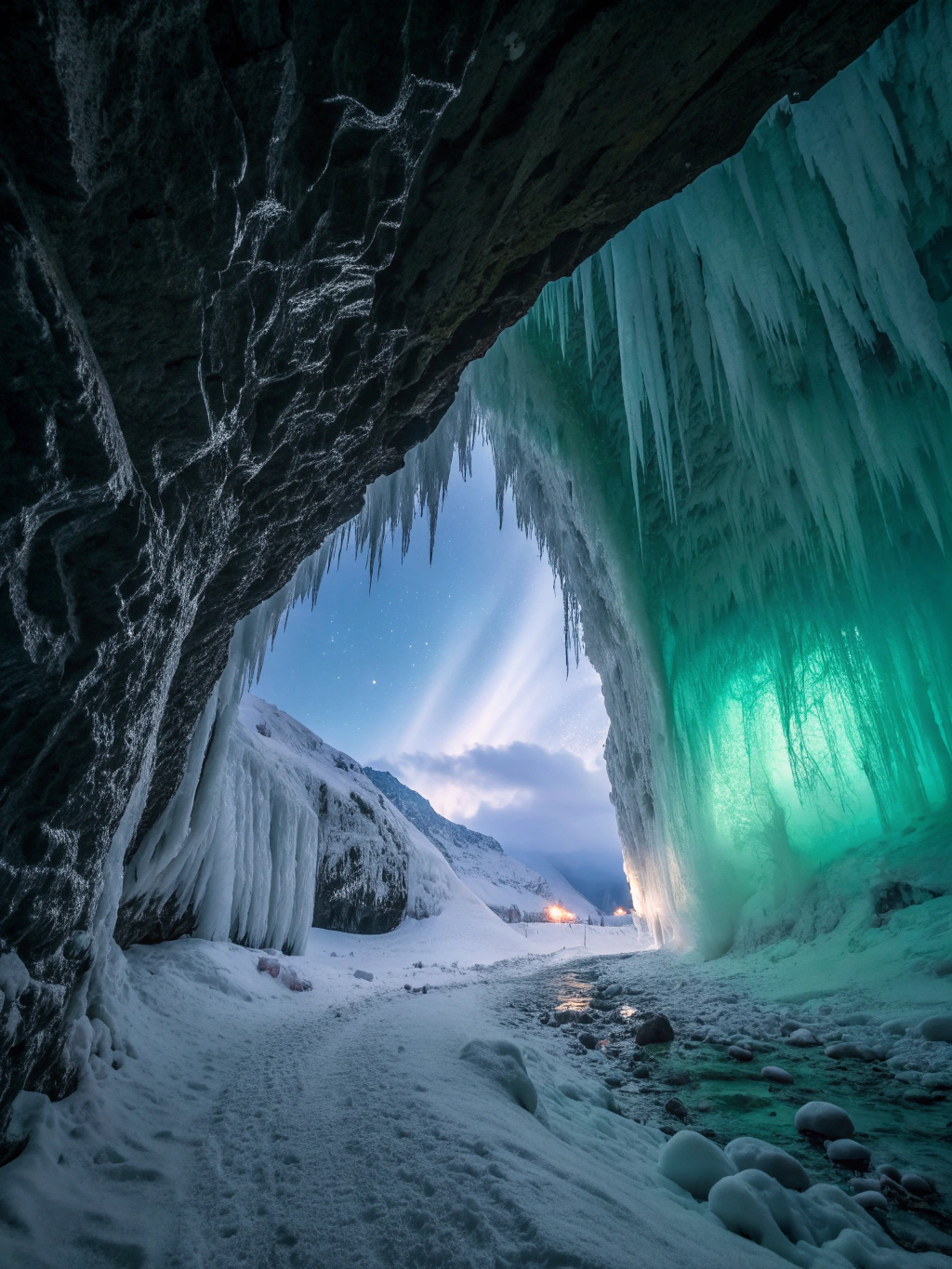 Deep blue glacial ice cavern interior