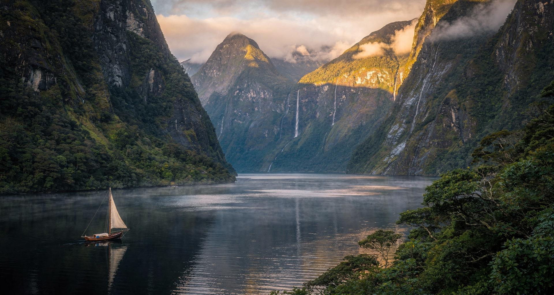 Granite cliffs rising from misty fiord waters