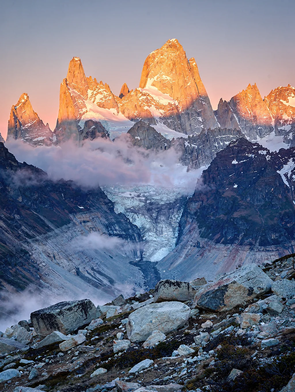 Mount Fitz Roy granite peaks at sunrise